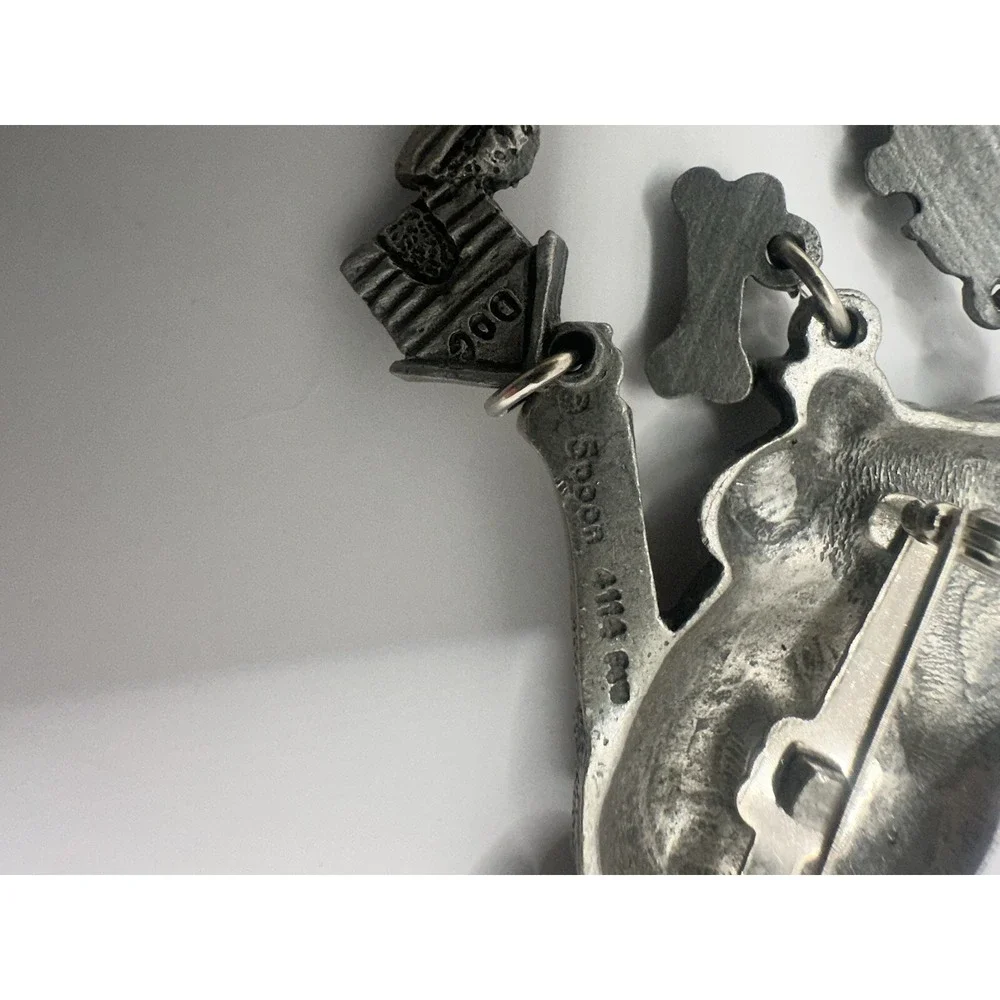 VINTAGE Pewter DOG BROOCH PIN Dangle CHARMS Doghouse Bone PUPPY Signed Spoon